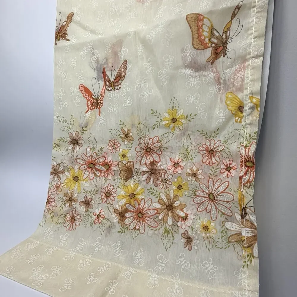 Set 2 Vtg1970s Flower Butterfly Sheer Cafe Curtains Nature Boho Brown Orange 36